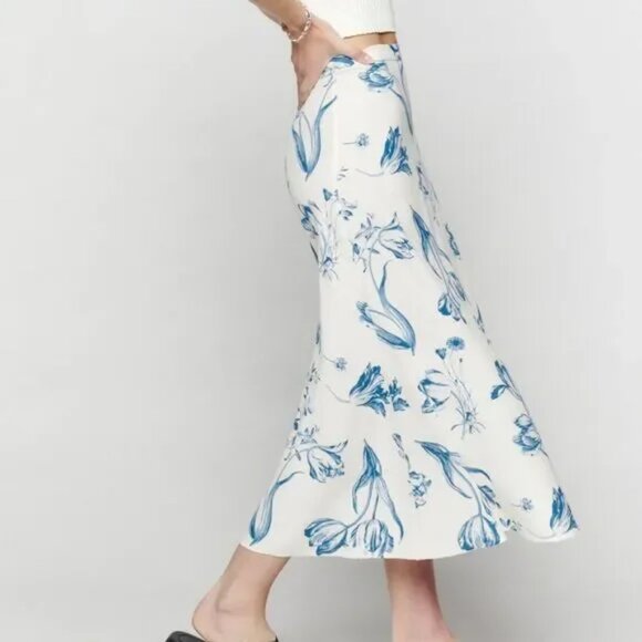 NEW Reformation Floral Bea Midi Skirt in Lisse Blue / Ecru Size 6 #1530 - Picture 2 of 9